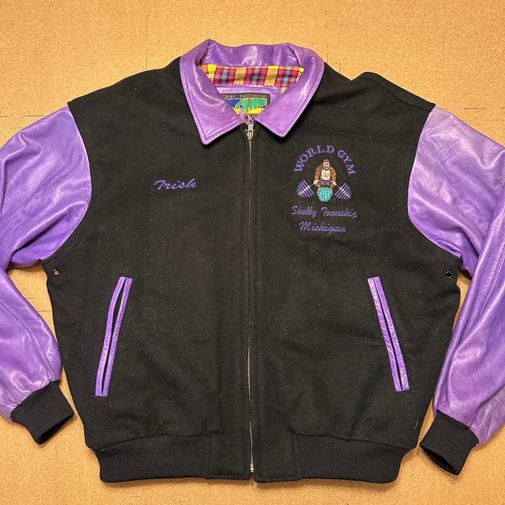 Tony Nowak Varsity Jacket Mens L Black Purple World Gym Leather Wool Vintage USA